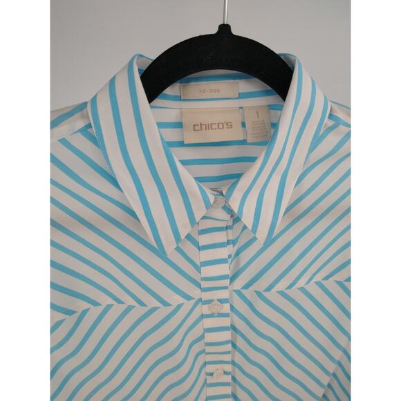 Chico's Shirt‎ 1 M No Iron Box Striped Long Sleeve Button Down Cotton Blue White - Picture 8 of 15